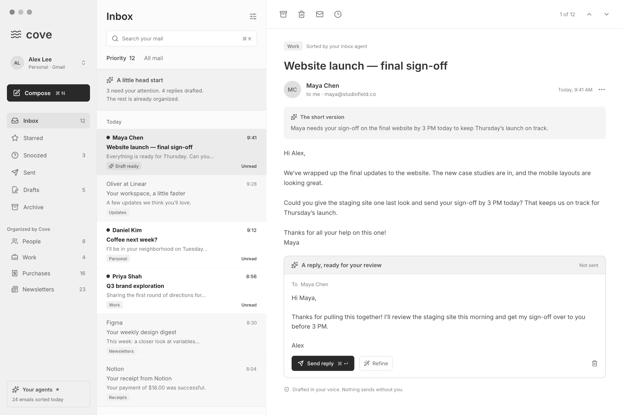 Cove’s three-column inbox: folders, conversations, and a readable email with a suggested reply